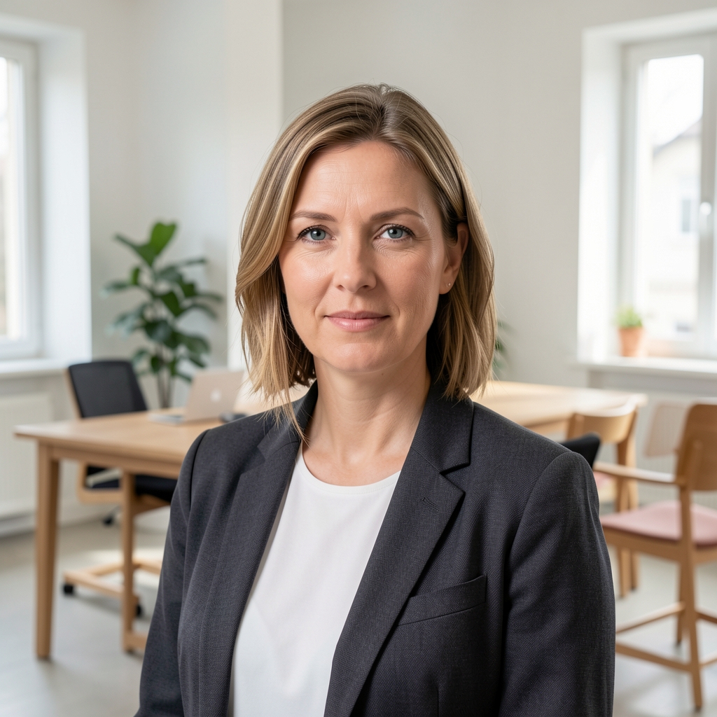 Karin Schulz, Redakteurin, sachliches Porträt in hellem Büroraum mit Holzmöbeln